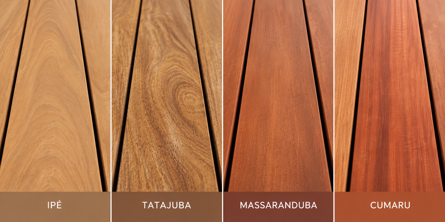 Comparaison de quatre essences de bois exotiques pour terrasse : Ipé, Tatajuba, Massaranduba et Cumaru, avec leurs différentes teintes et veinages.